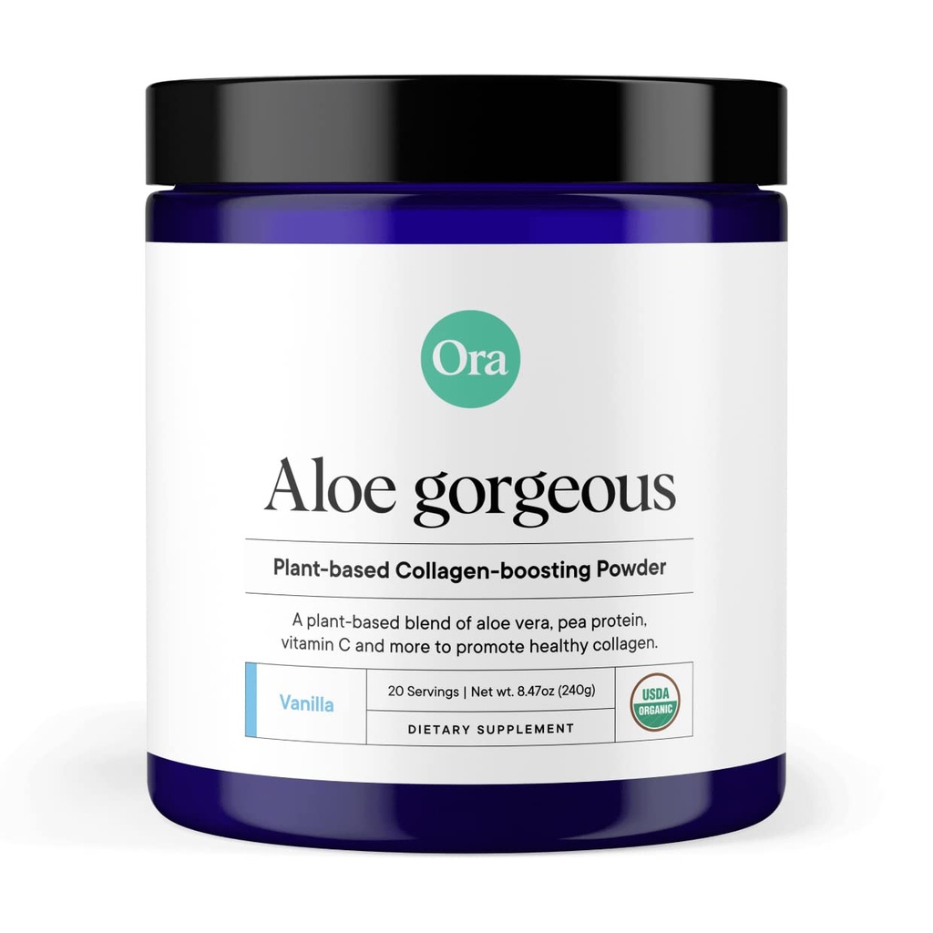 Poudre de collagène biologique Ora pour femmes et hommes - Soutien des cheveux, de la peau et des ongles - Bamboo Silica, Protéine végétale, Vitamine C organique, Aloe Vera - Vanilla Flavor, 20 portions