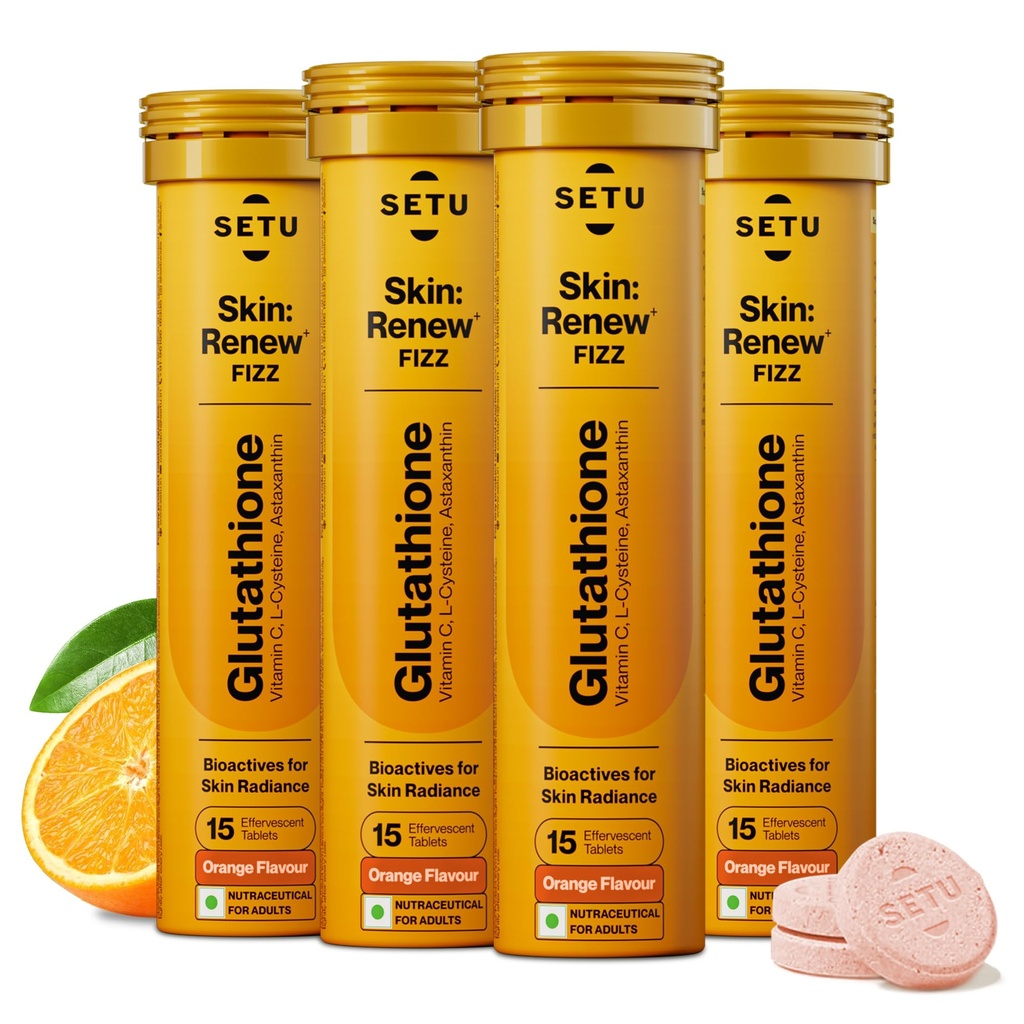Setu Skin Renew Glutathione Tablets for Glowing Skin | 60 Effervescent Tablets with 500mg L-Glutathione & Vitamin C | Sugar-free Antioxidant & Skin Glow Supplement for Clear Skin | Orange (Pack of 4)