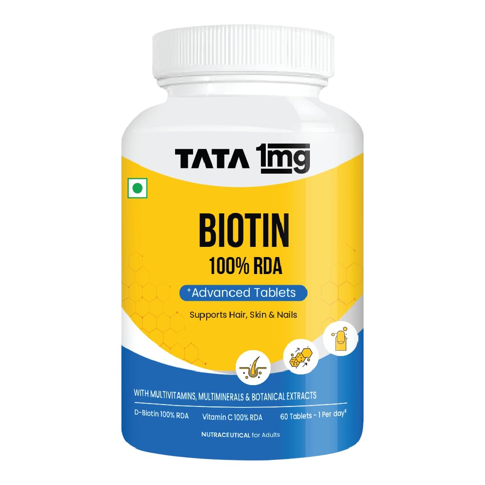 Tata 1mg Biotin + Advanced Tablet,Supports Strong Hair, Skin And Nails (Pack Of 1, 60 Tablets)
