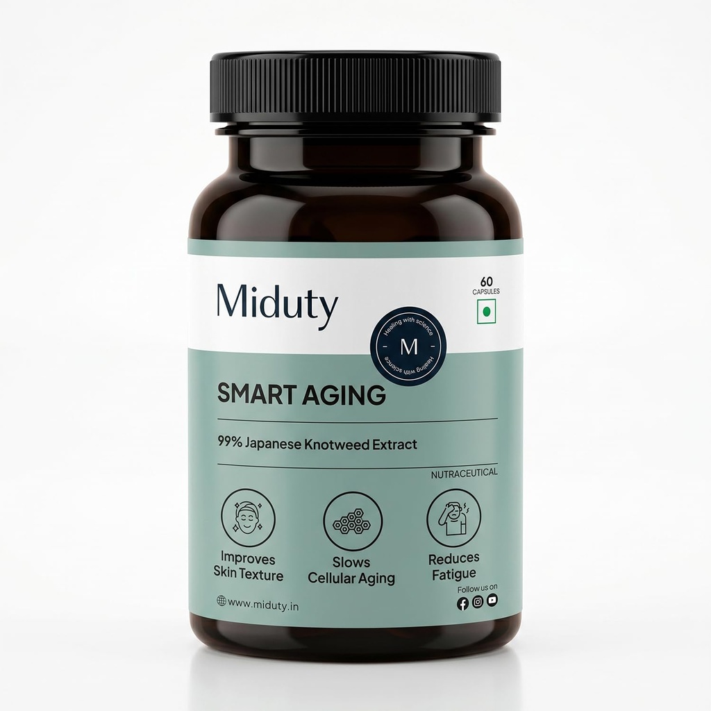 Miduty Smart Aging Trans-Resveratrol 99% | Anti-Aging Formula with Japanese Knotweed, Pomegranate & Green Tea Extract | Supports Fine Lines, Wrinkles, Skin Texture & Healthy Aging | 60 Veg Capsules