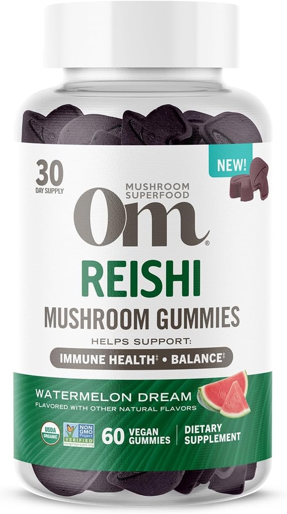 Om Mushroom Superfood Reishi Gummies, États-Unis Champignons biologiques cultivés, soutient la santé immunitaire, l'équilibre et le stress, 60 comtes, 30 portions Gummy suppléments