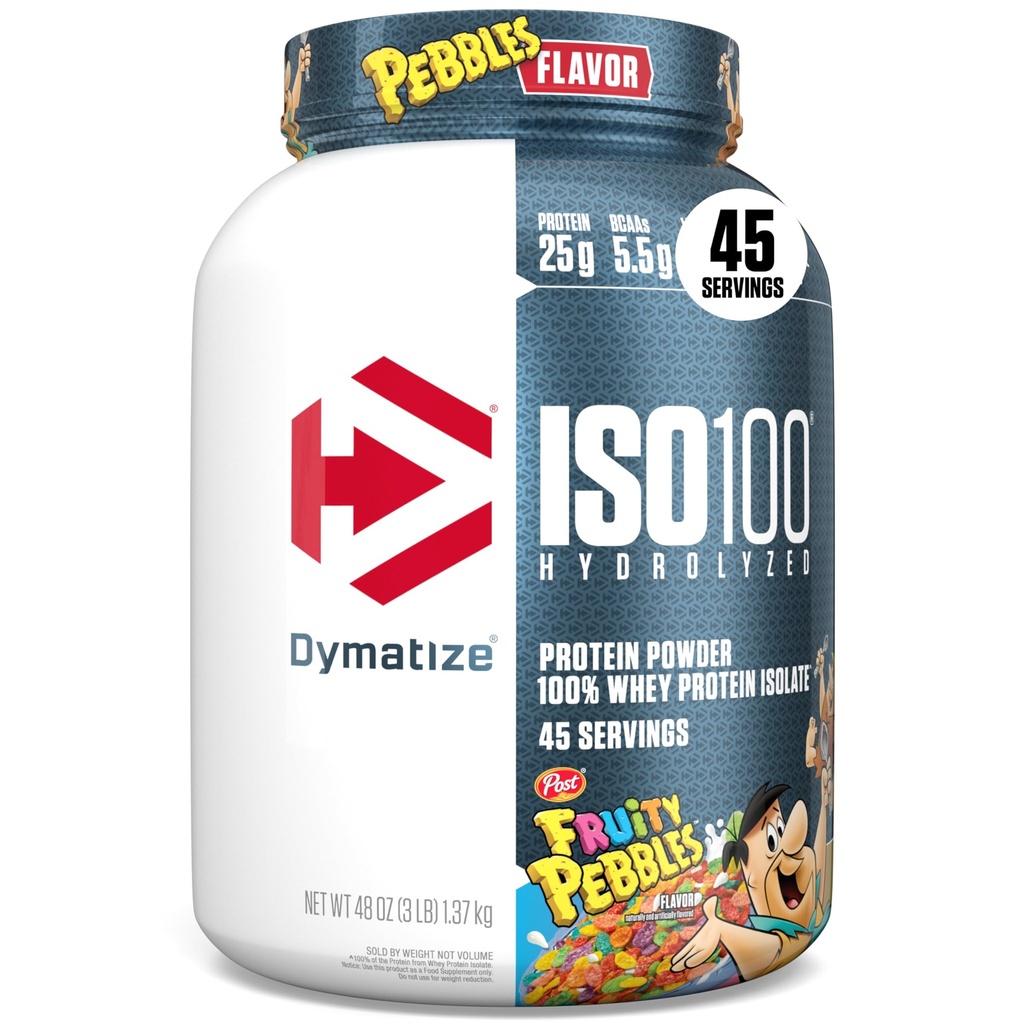 Dymatize x Fruitige Pebbles ISO100 Wei Proteïnepoeder Isolaat, 25g eiwit, 5.5g BCAA's, 120 Cal., Glutenvrij, 1g Vet, 1g Suiker, 2g Carb (45 Servers)