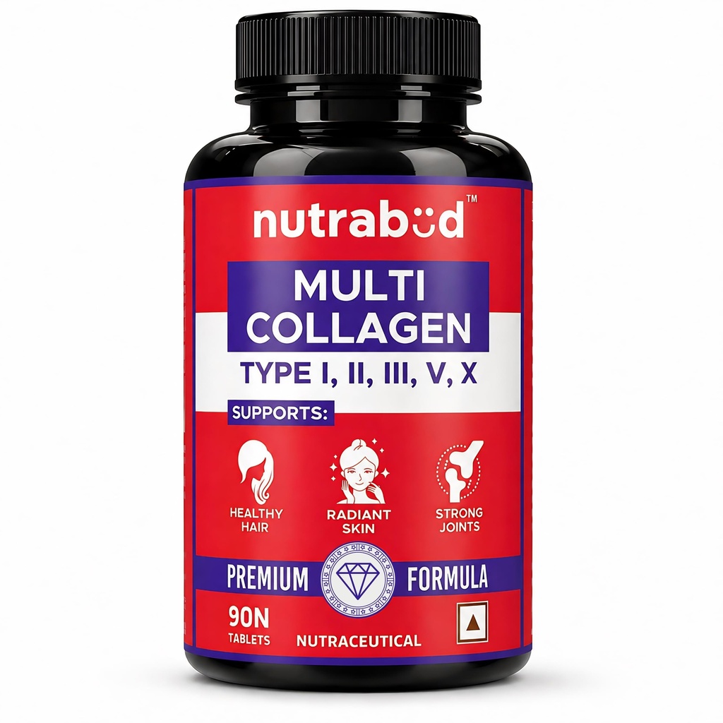 Nutrabud Multi Collagen Complex Supplement for Women, Men - 90 Tablets - Hydrolyzed Peptides with all 5 Types of Collagen Including TYPE I, II, III, V & X (90 Count (Pack of 1), Unflavoured)
