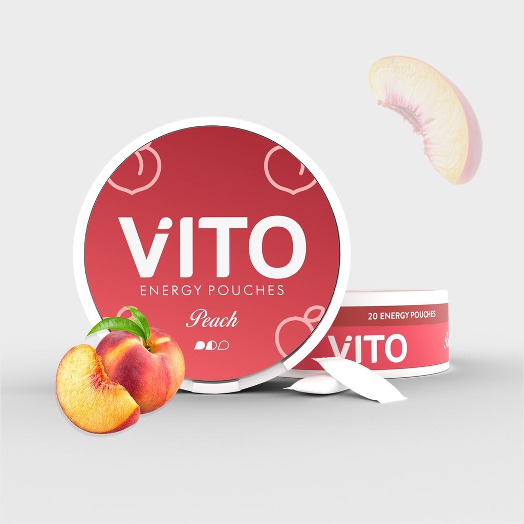 VITO Caffeine Energy Pouches-Peach 80mg, 20 pouches, Sugar-Free, Zero-Cal