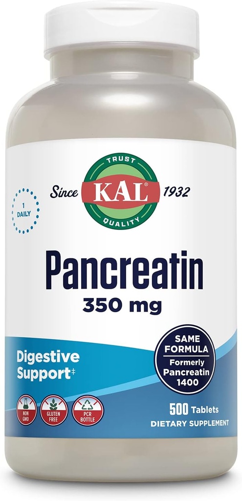 KAL Pancrean 350mg, Digestieve enzymen voor vrouwen en mannen, Pancreatrische enzymen voor Digestive Health Support, Glutenvrij, Non-GMO, Snelle Disintegratie, 60 dagen garantie, 500 porties, 500 tabletten