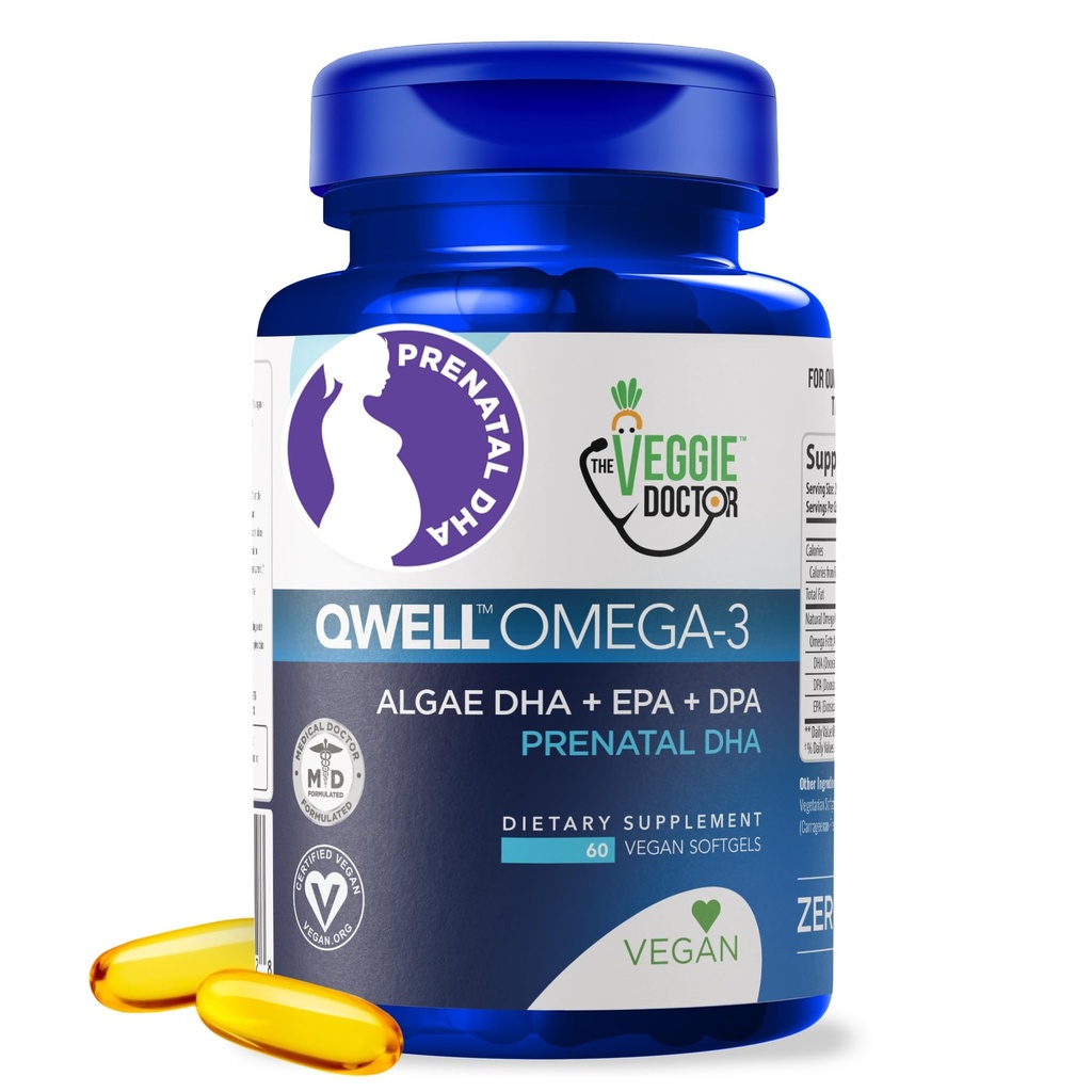 Vegan prenatale vitamines met DHA (60 telling) Omega-3 - Qwell beter dan visolie, hersenfunctie - 820 Mg algen DHA & EPA, Vegan prenatale vitamines met vitamine E, carrageenvrij