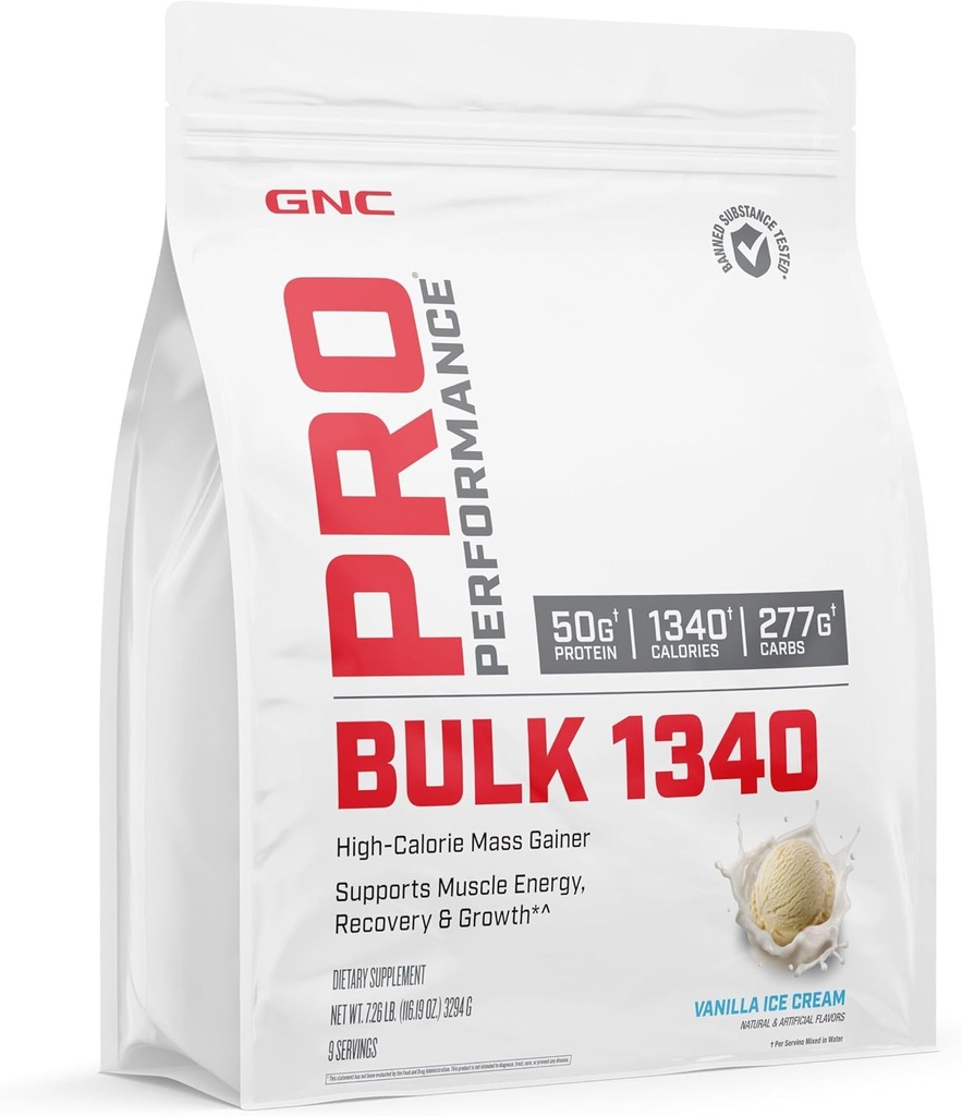 GNC Pro Performance Bulk 1340 Mass Gainer Proteine Powder, 50g, Glutenvrij, Wei, Creatine, BCAA, 3rd Party Tested, Muscle Recovery & Growth, Micronutriënten, Vanille Ice Cream, 9 porties