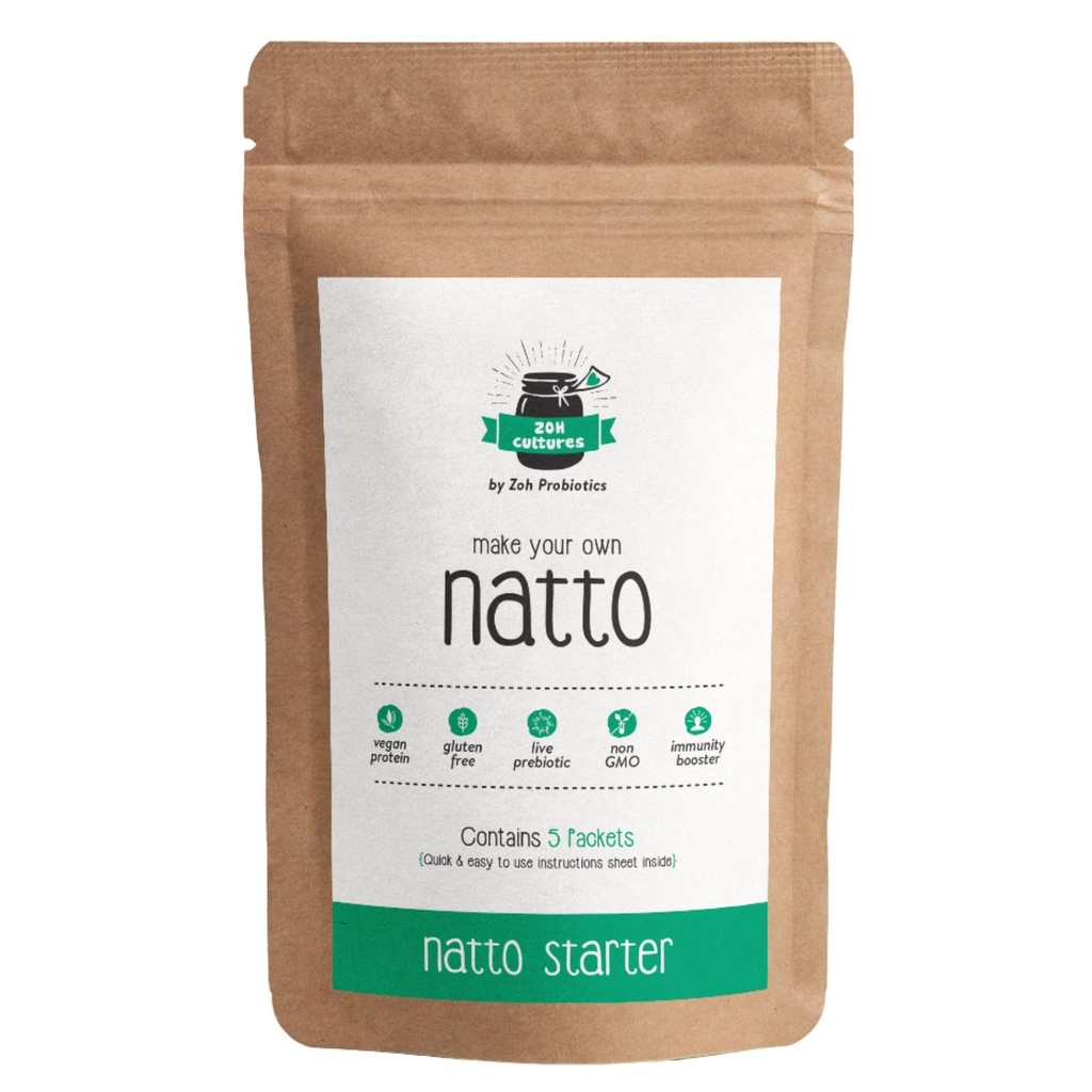 Zoh Probiotics Natto Starter Pack Easy-to-Use, 5 Packet Set for Authentic Homemade Natto, Rich in Vegan Protein, Gluten-Free, Prebiotic Fiber, Non-GMO, Immune Support, Powder, 1 count, 5 Servings