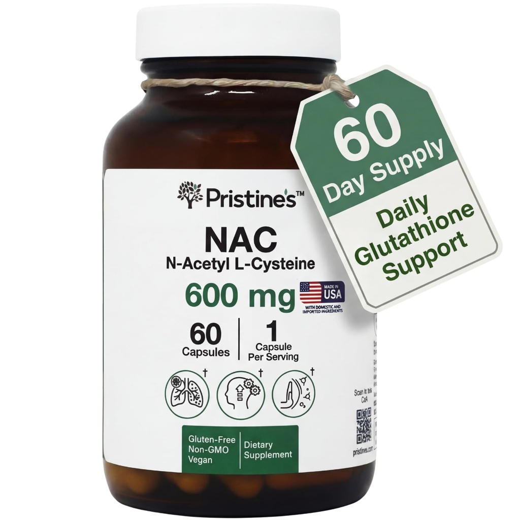 PRISTINE'S N-Acetyl L-Cysteine (NAC) 600MG 60 Day Supply Supplement Capsules - Glutathion & Liver Detox Support - Potent Antioxidant - Veganistisch, Glutenvrij, Niet GGO-glasfles
