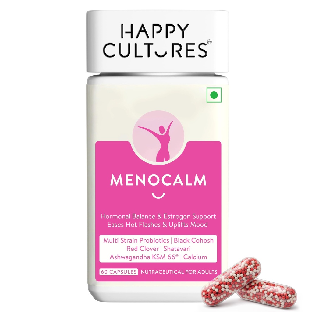Happy Cultures Menocalm Menopause Support | Shatavari, Calcium, Black Cohosh, Red clover with Multi Strain Probiotics, Vitamin D3,K2,B7 & B12 | Estrogen Support | Eases Hot Flashes, Night Sweats & Mood Irritation- 60 Capsules