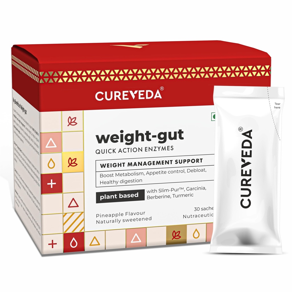 Cureveda Weight Gut - Natural Weight Management | Plant Based with Slim-Pur, Berberine, Garcinia & Turmeric | Weight Management Supplement For Women & Men | Supports Fat Burn For Weight Loss | 30 Sachets