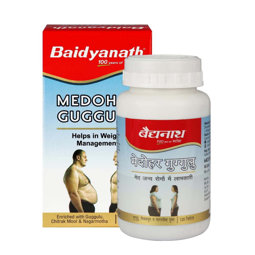 Baidyanath Ayurved Medohar Guggulu Tablets, Enriched with Guggulu, Chitrakmool and Nagarmotha- 120 Tab (Pack of 1)
