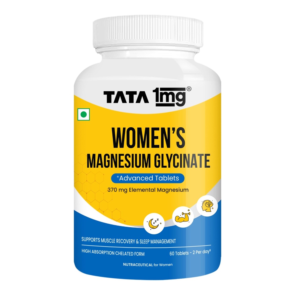 Tata 1mg Women's Magnesium Glycinate Advanced–High Absorption Tablets for Muscle Recovery & Sleep | 60 Veg Tablets