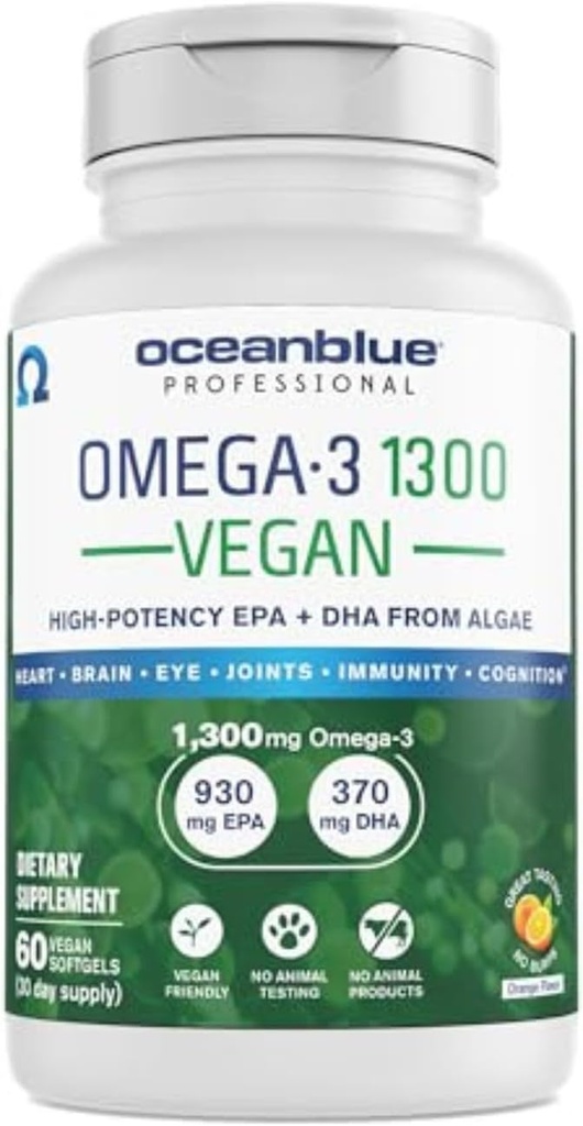 Oceanblue Professional Vegan Omega 3 1300-60 Telling - Plant Based Fish Oil Alternative, High Potency Vegan DHA EPA Algen Oil Supplement - Non-GMO, 30 Servings
