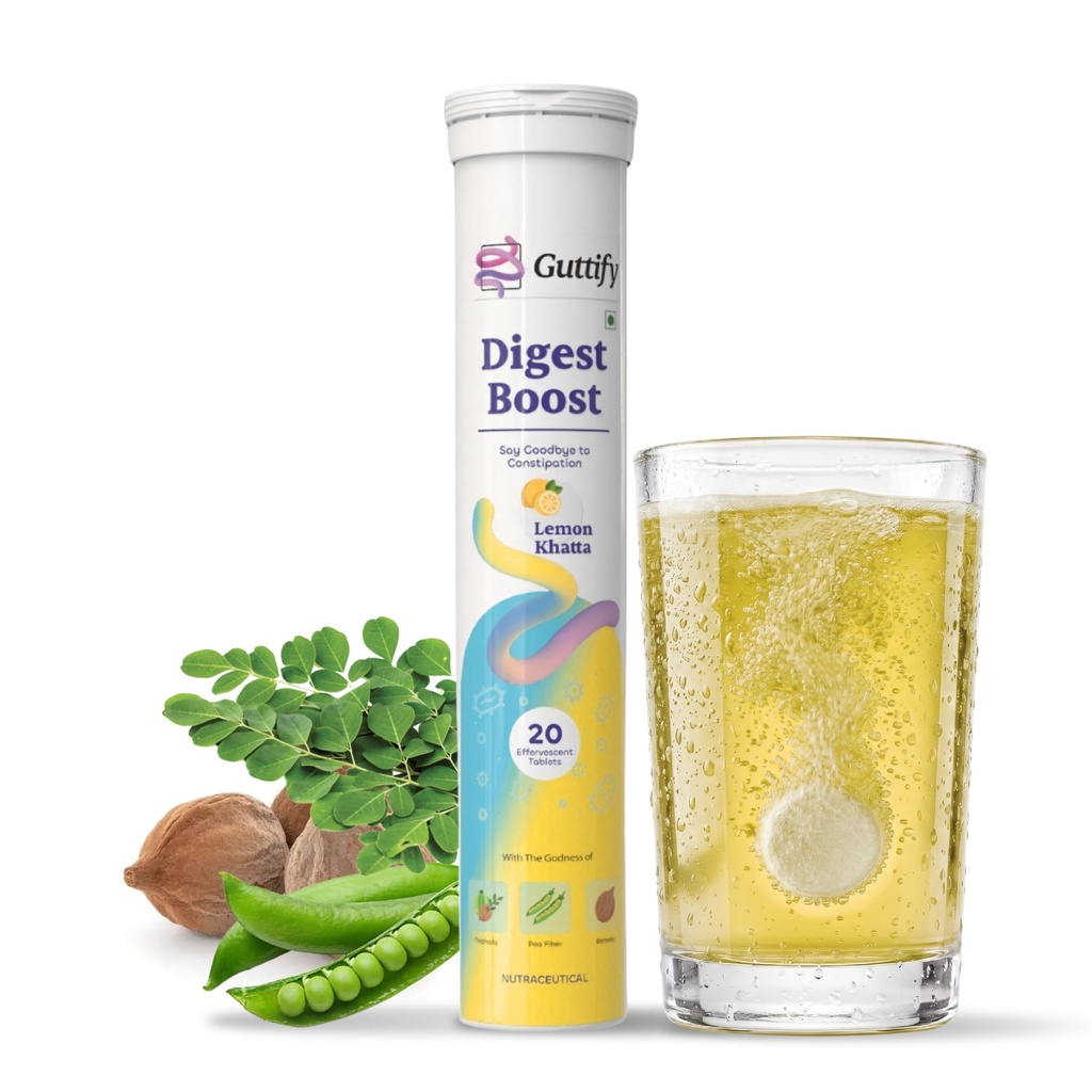 Digest Boost Lemon Khatta Effervescent Tablets with Triphala, Pea Fiber and Baheda for Constipation Relief, Smooth Bowel Movement, Gut Cleanse and Daily Digestion Care | 20 Tablets | Pack of 1