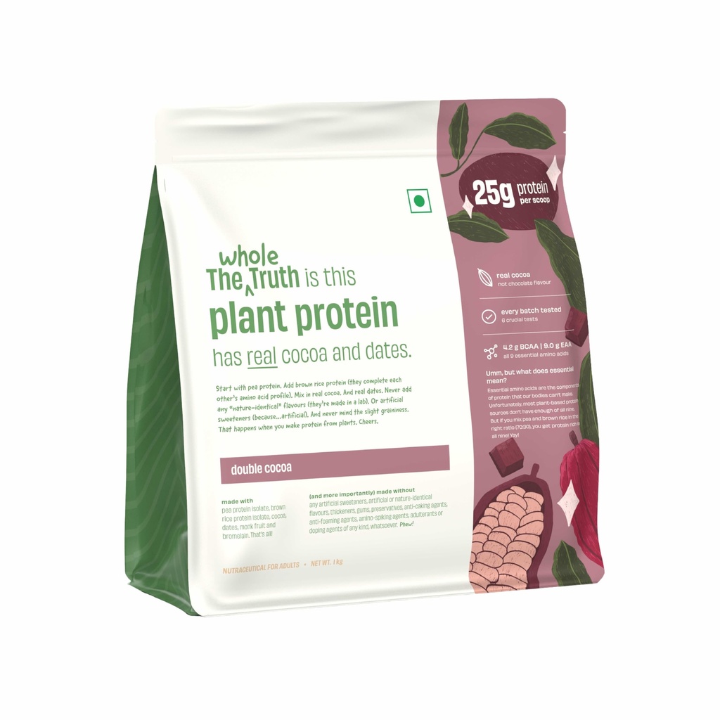 The Whole Truth Plant Protein Isolate 1 KG (2.2 lbs) | Double Cocoa | 25g Protein/Scoop | Real Ingredients | Clean Recipe | No Added Flavours | Pea & Rice Isolate | Easy to Digest