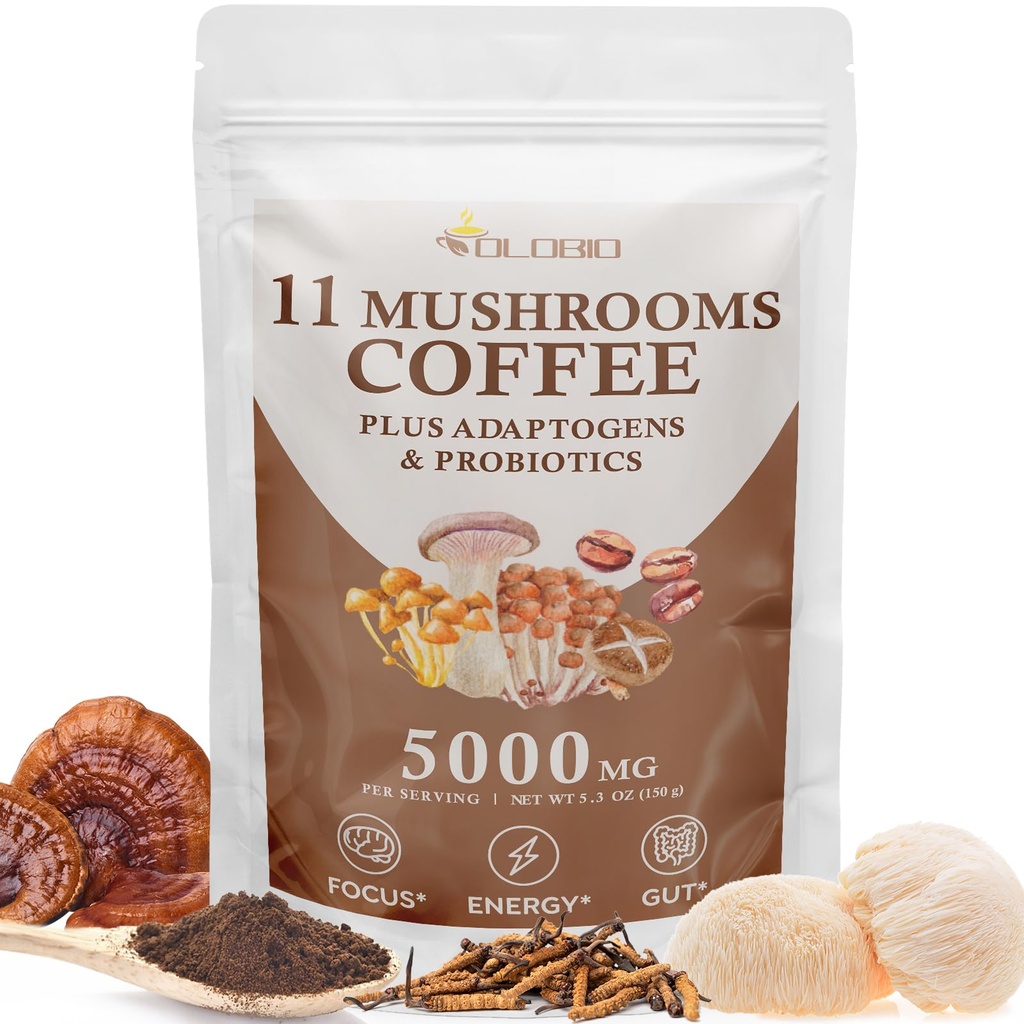 Paddestoelen Koffie, 11 biologische Paddenstoelen Plus Adaptogenen & Probiotica, met Lion's Mane, Chaga, Reishi, Cordyceps Complex, Instant Coffee for Focus, Energy, Gut, Digestie, Immunity - 5.3oz