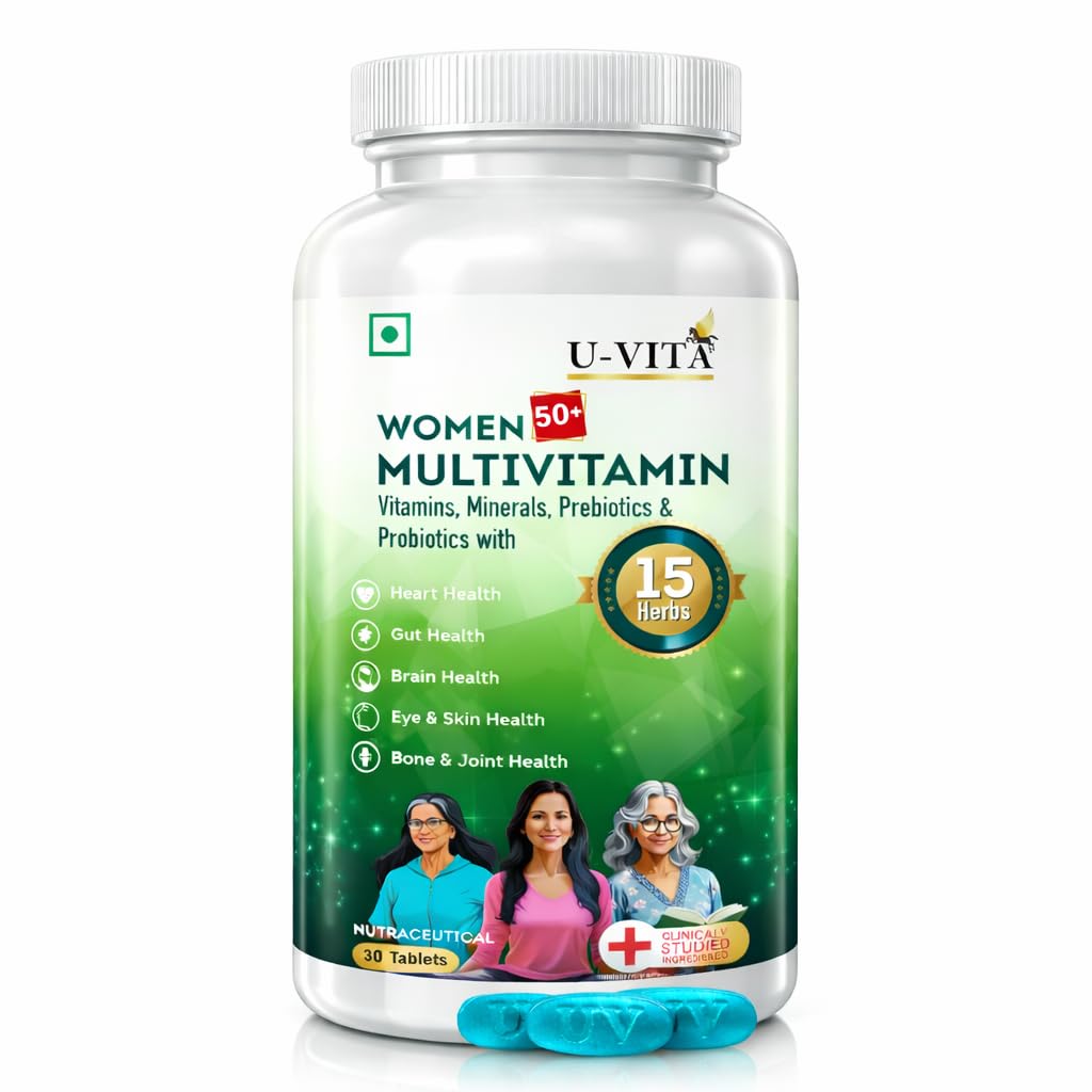 U-VITA Women 50+ Multivitamin | 43 Essential Vitamins, Minerals & Herbal extracts, Pre & Probiotics | Bacopa, Lion's Mane Mushroom Extracts| 30 Veg Tablets | Formulated in the UK