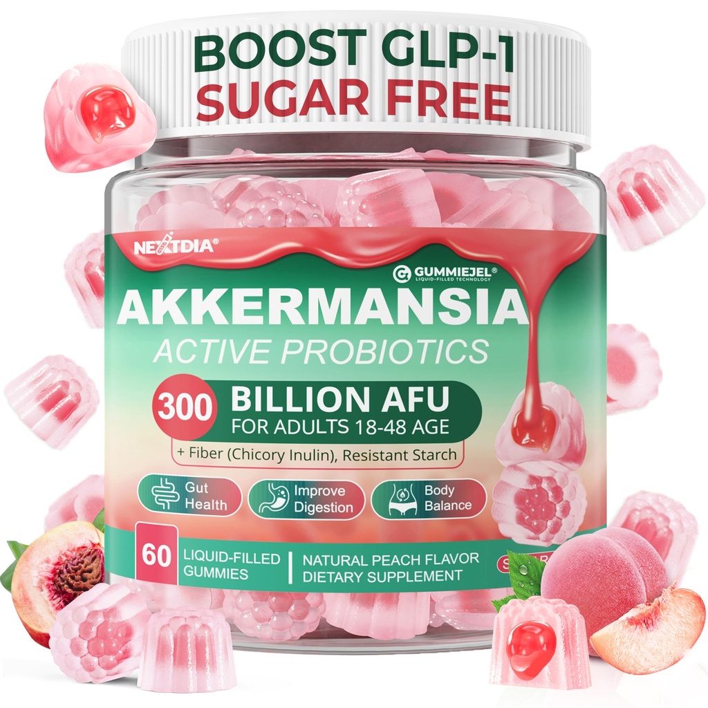 Akkermansia Probiotica Gummies met Prebiotica Fiber, 300 Miljard AFU Akkermansia Muciniphila, met Polyfenol Fruit, Resistent Zetmeel, Vitamine A D3 B2 voor Metabolisme, Digestief & Gut Health, 1Pack