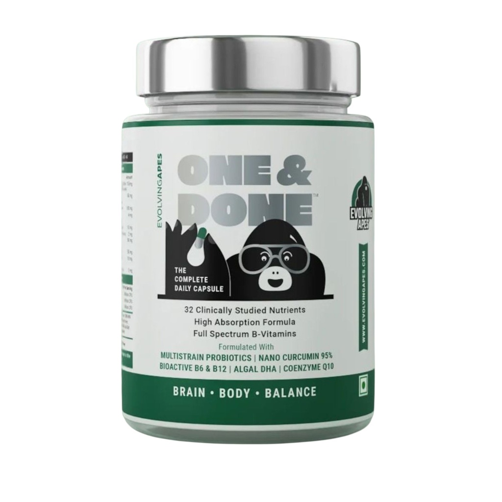 One&Done – Daily Multivitamin with Probiotics, Algal DHA, CoQ10 & Curcumin | Immunity, Energy, Brain & Gut Support | 32-in-1 Formula | 60 Capsules