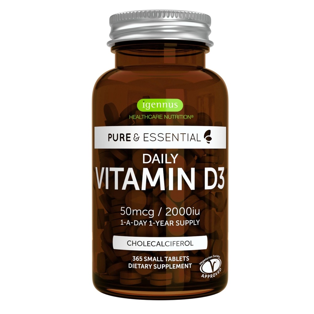 Igennus Vitamine quotidienne D3 2000iu, 50 mcg, Étiquette propre, 365 petits comprimés, 1 an d'approvisionnement, supplément végétarien Cholecalciferol Vitamine D