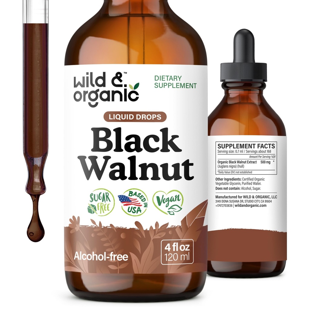 Wild & Organic Black Walnut Tincture - Detox Cleanse w/Black Walnut Hull Extract - Herbal Supplement for Gut Cleanse Detox and Digestief Well-Being - Vegan, Sugar & Alcohol-Free - 4 fl oz