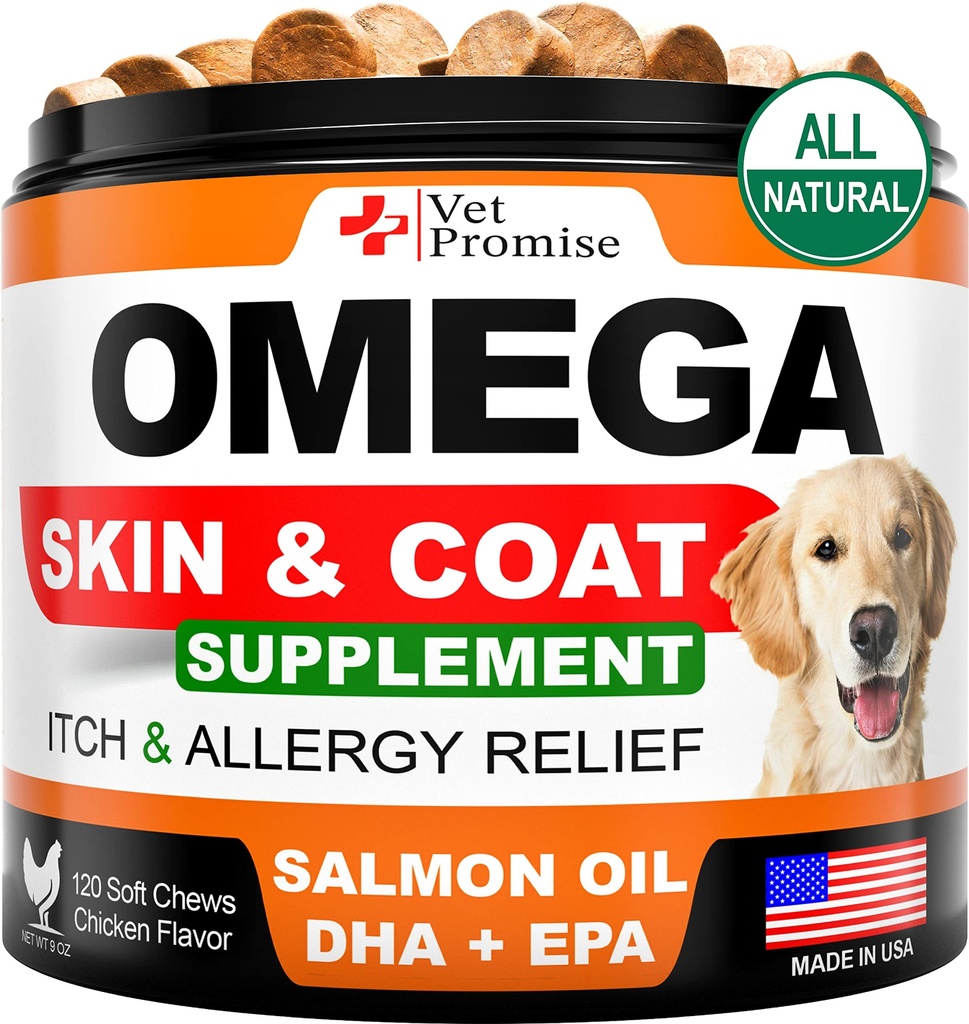 Omega 3 voor honden - huid en jas supplement - Visolie voor honden Kauwen - Allergie en jeuk Relief - Antivergieten Supplement - Droge huid behandeling - Zalmolie - Made in USA - 120 Zachte Treats