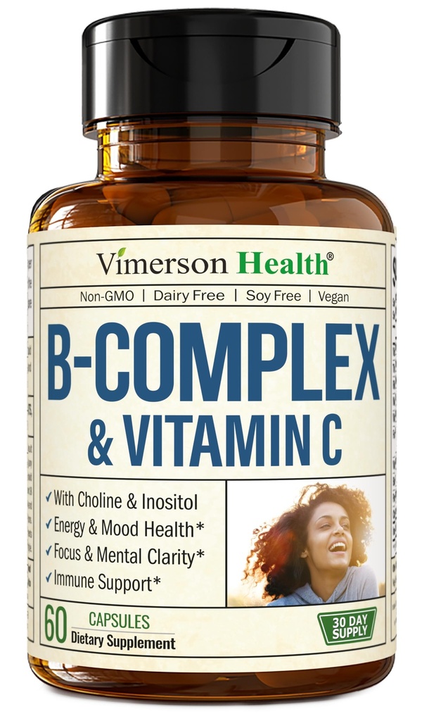 Vitamine B Complex with VIT C & Folic Acid (Folaat) - 8 High Potency B Vitaminen: B1, B2, B3, B5, B6, B7, Vitamine B12 + Biotine, Choline & Inositol. Hulpmiddelen Mood, Energie, Zenuwstelsel & Immuun Ondersteuning