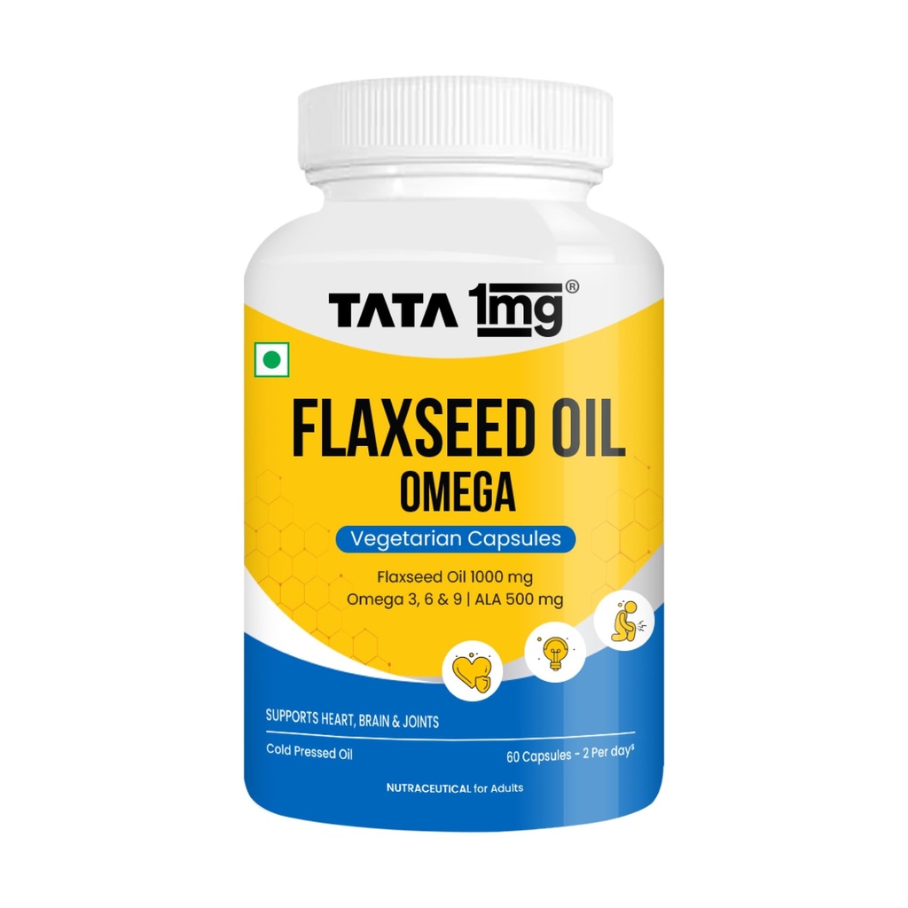 TATA 1mg Vegetarian Omega 3 Capsules 1000mg | Extra Virgin Cold Pressed Flaxseed Oil supplement with Omega 3, 6 & 9 | Veg Omega 3 capsules for healthy heart, brain & gut | Plant based | Pack of 60