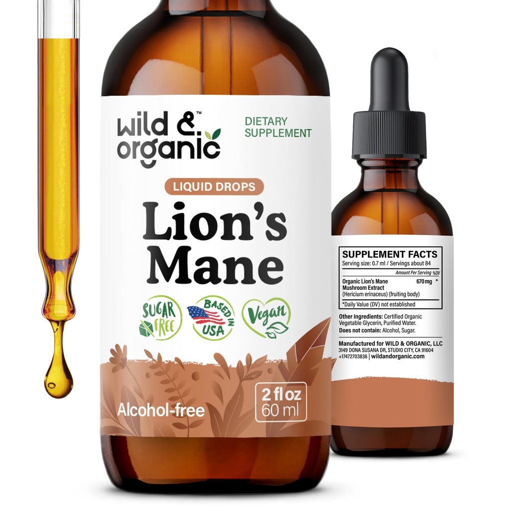 Wild & Organic Lions Mane gouttes liquides - Focus & Cerveau Support - Lions Mane Supplément - Hericium Erinaceus Extrait de champignons Teinture - végétalien, alcool et sans sucre - 2 fl oz