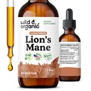 Wild & Organic Lions Mane gouttes liquides - Focus & Cerveau Support - Lions Mane Supplément - Hericium Erinaceus Extrait de champignons Teinture - végétalien, alcool et sans sucre - 2 fl oz