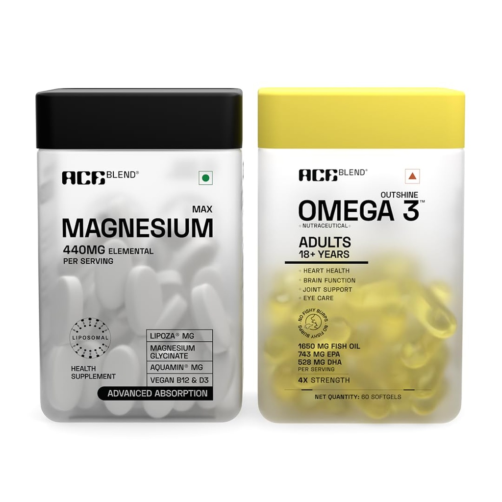 Ace Blend Max Magnesium Tablets 440mg & Outshine Omega 3 Fish Oil Softgel 1650mg for Men & Women | 60 count Each - For Men & Women