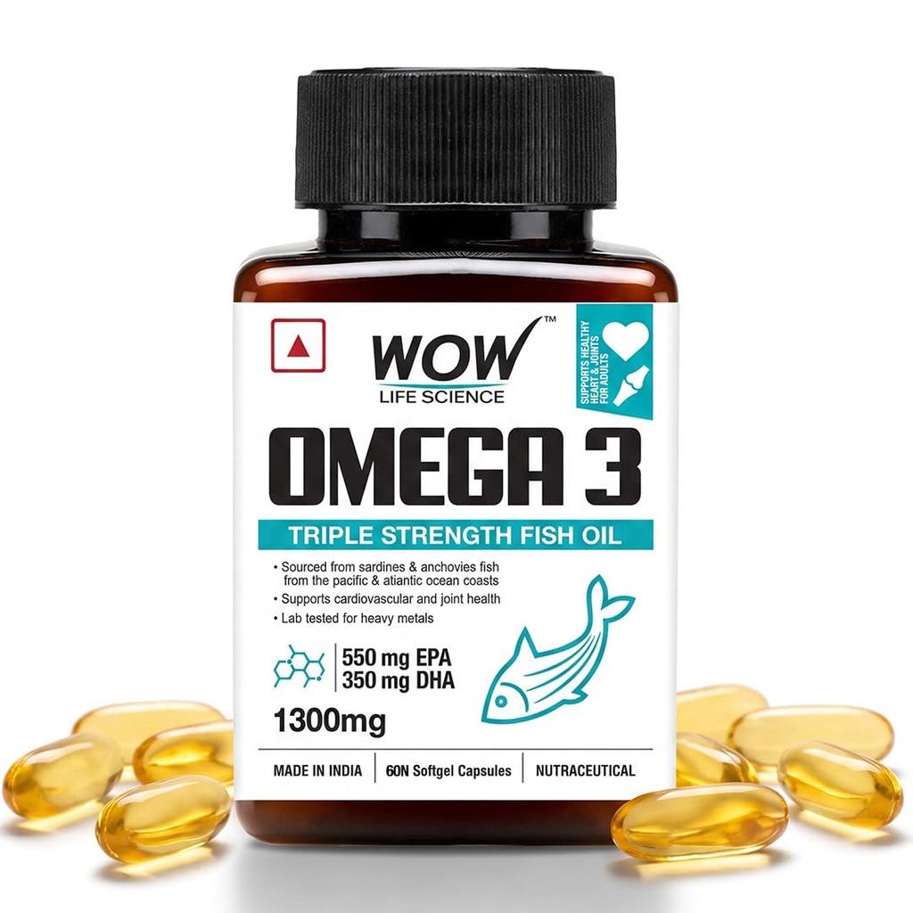 WOW Life Science Omega-3 Fish Oil 1300 Mg Triple Strength 550Mg Epa 350Mg Dha,Burpless,Mercury Free,Ideal For Keto Diet,1 Count
