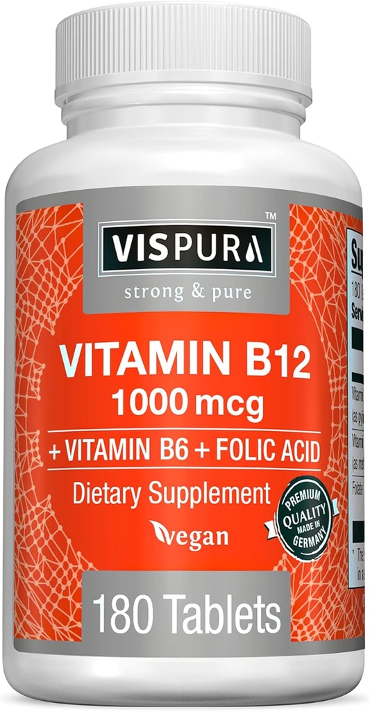 VISPURA Vitamine B12 1000 mcg Methylcobalamine + B6/Folic Acid, 180 Vegan tabletten, beste supplement om energie te verhogen, Mood te verbeteren, Sharpen Focus*, Organisch supplement