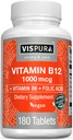 VISPURA Vitamine B12 1000 mcg Methylcobalamine + B6/Folic Acid, 180 Vegan tabletten, beste supplement om energie te verhogen, Mood te verbeteren, Sharpen Focus*, Organisch supplement