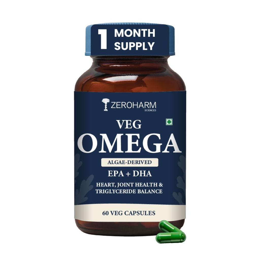ZEROHARM Veg Omega (EPA 15% + DHA 25%) Capsules 500mg | Veg Omega Supplement for Men and Women | Supports Eyes, Skin, Muscles, Bones and Joints | Sourced from Algae | 60 Capsules