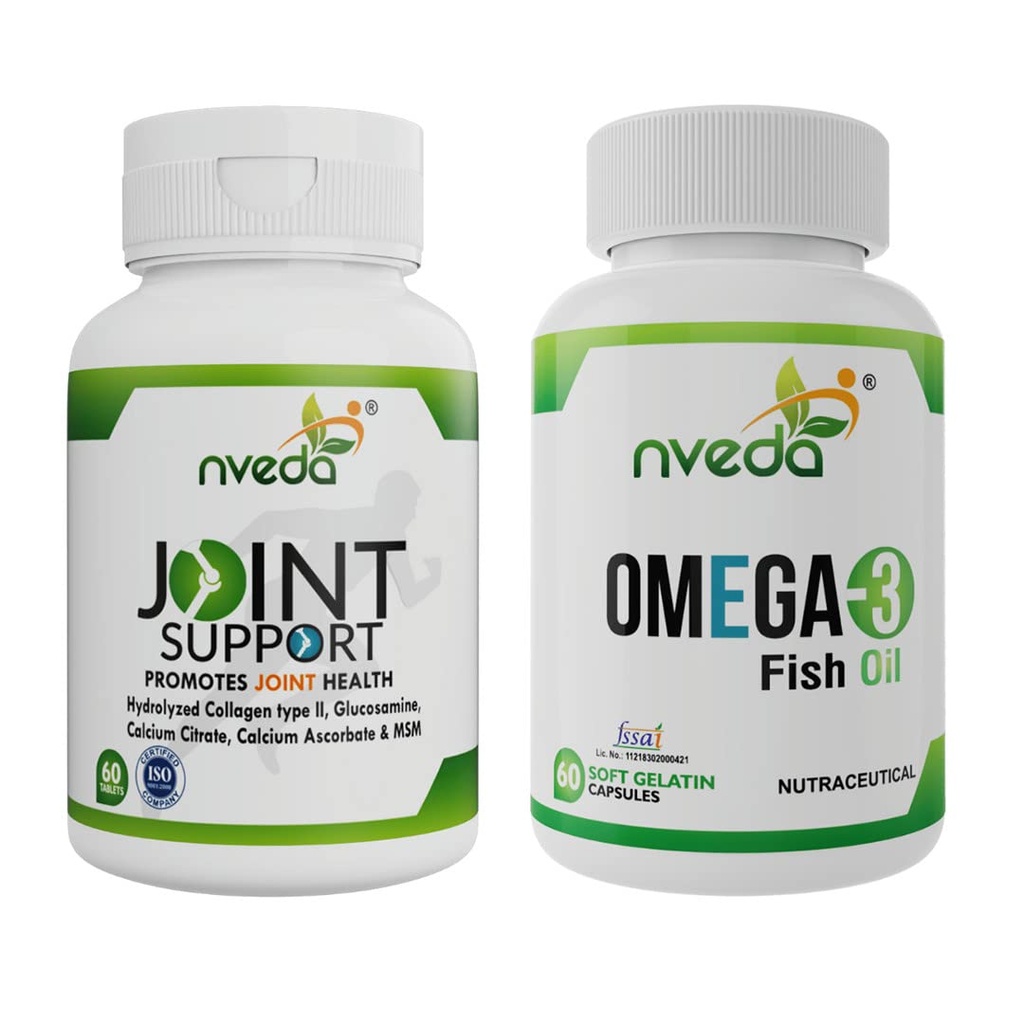 Nveda Omega 3 Fish Oil Capsules & Joint Support Tablets Combo for Men & Women | Omega 3 Supplement with Collagen Type 2, Glucosamine, MSM & Calcium | Joint Pain Relief, Bone Strength, Arthritis & Heart Health Support | 60 Capsules + 60 Tablets