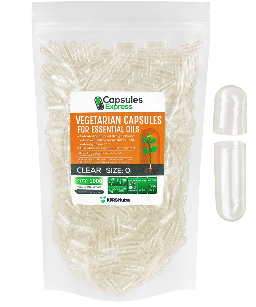 XPRS Nutra Taille 0 Capsules Vegan vides - 1000 Capsules Végétiques claires pour les huiles essentielles - Bouchons végétaux vides - Le remplissage bricolage fonctionne avec la plupart des huiles