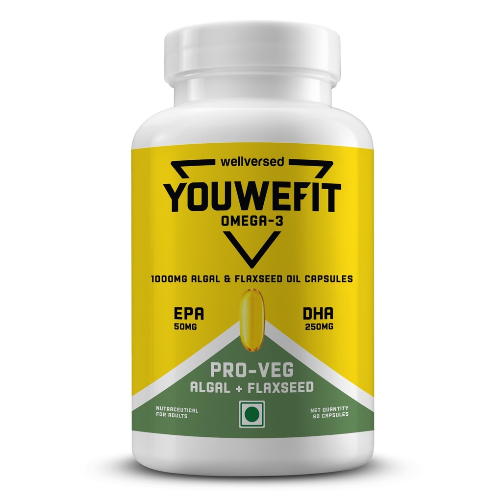 YouWeFit Pro-Vegetarian Omega 3 Capsules 1000mg 60 Capsules | 250mg DHA 200mg ALA & 50mg EPA | Algal Oil + Flaxseed Oil Formula | Astaxanthin Curcumin & Selenium | Heart Brain Joint & Recovery Support