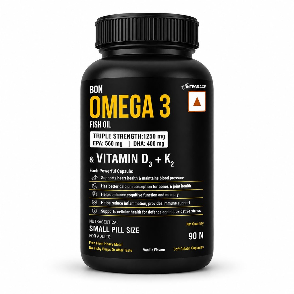 Fish Oil 1250mg with Vitamin D3 & K2, 90 Softgels | 3X Triple Strength 560mg EPA & 400mg DHA | Supports Heart, Bone Health, Brain & Immunity | Easy to Swallow Small Pills | Non-GMO, Burpless Anti-Reflux, No Heavy Metals
