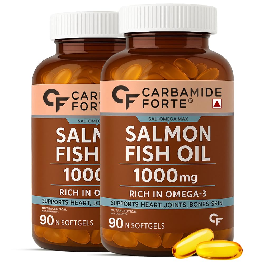 Carbamide Forte Salmon Fish Oil Omega 3 Capsule 1000 mg | 90 Softgel Capsules | EPA 180 mg & DHA 120 mg | Supports Heart, Joints, Bones & Skin (Pack of 2)