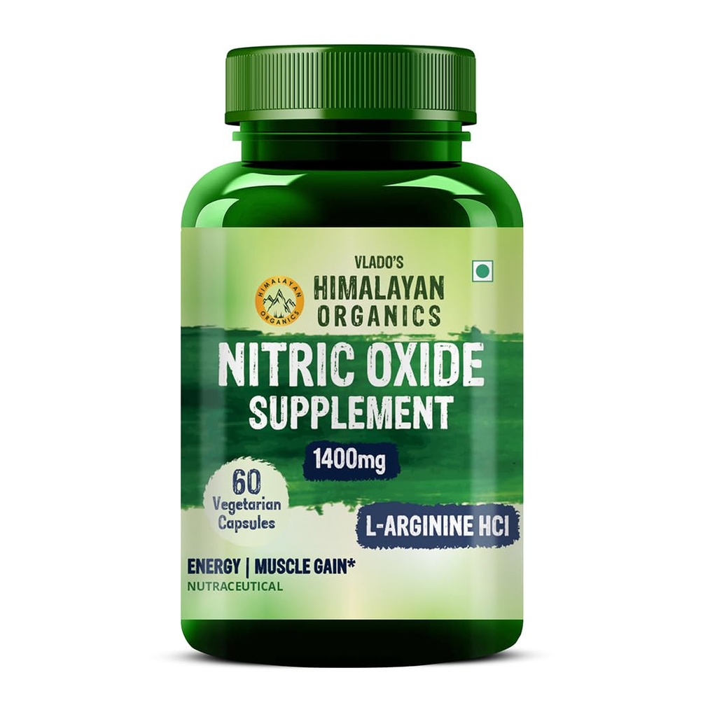 Vlado’s Himalayan Organics Nitric Oxide 1400mg With L-Arginine HCI Caffeine Supplement | Good For Muscle Growth, Stamina, Recovery, Immune Booster & Energy- 60 Veg Capsules
