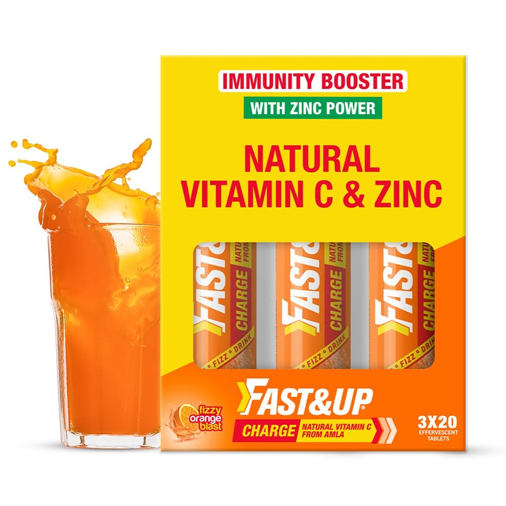 Fast&Up Charge Natural Vitamin C - 60 Effervescent Tablets, Amla Extract + Zinc for Daily Immunity | Helps to boost & Strengthens Collagen for Healthy Skin, Hair & Nails- Orange Flavour