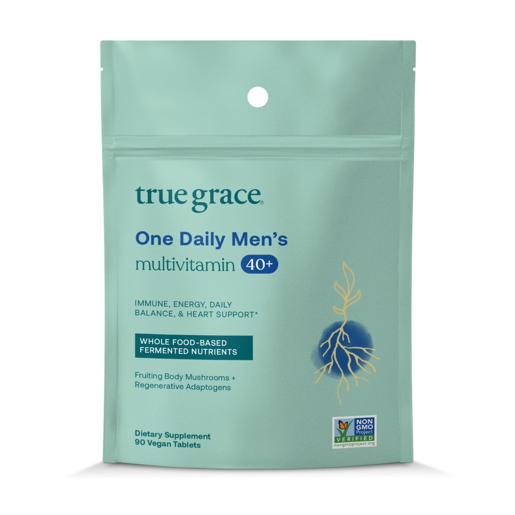 True Grace Men's 40+ One Daily Multivitamine Fermented Minerals, Organic Adaptogens & Paddestoelen Hele lichaamsbalans Immune, Endurance, Bone & Heart Support Supplement - Non-GMO - 90 Vegetarische Tablets