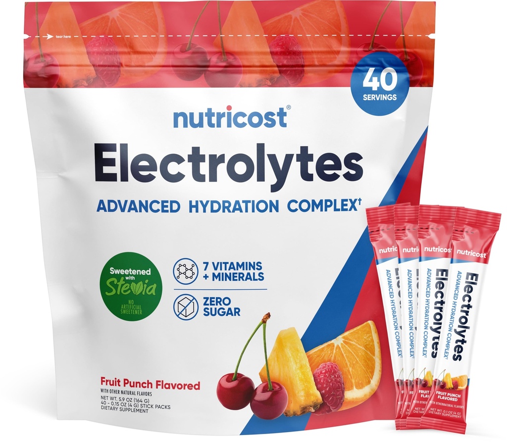 Nutricost Elektrolyten Complex, Fruit Punch Smaak, 40 Stickpacks - Advanced Hydration Complex