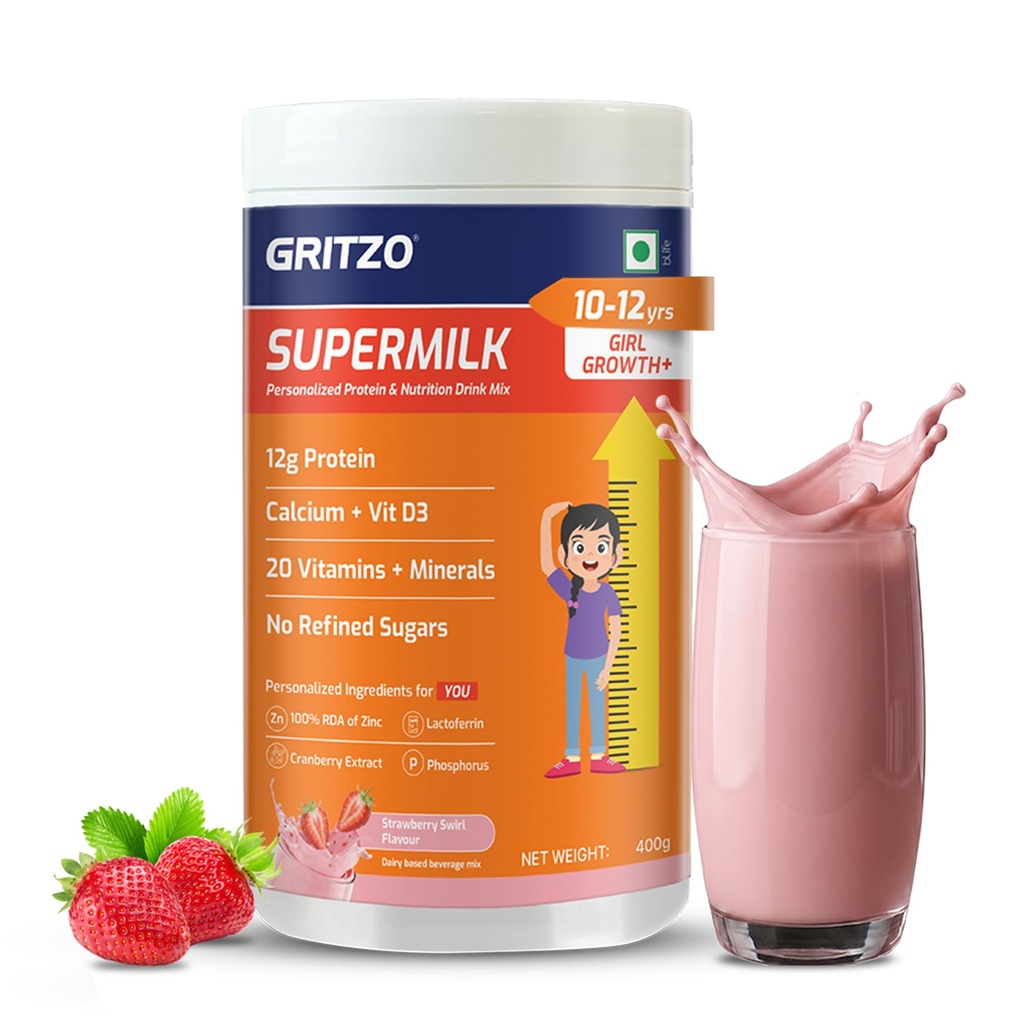 Gritzo SuperMilk Growth+ (10-12y Girl), Strawberry Swirl, 400g