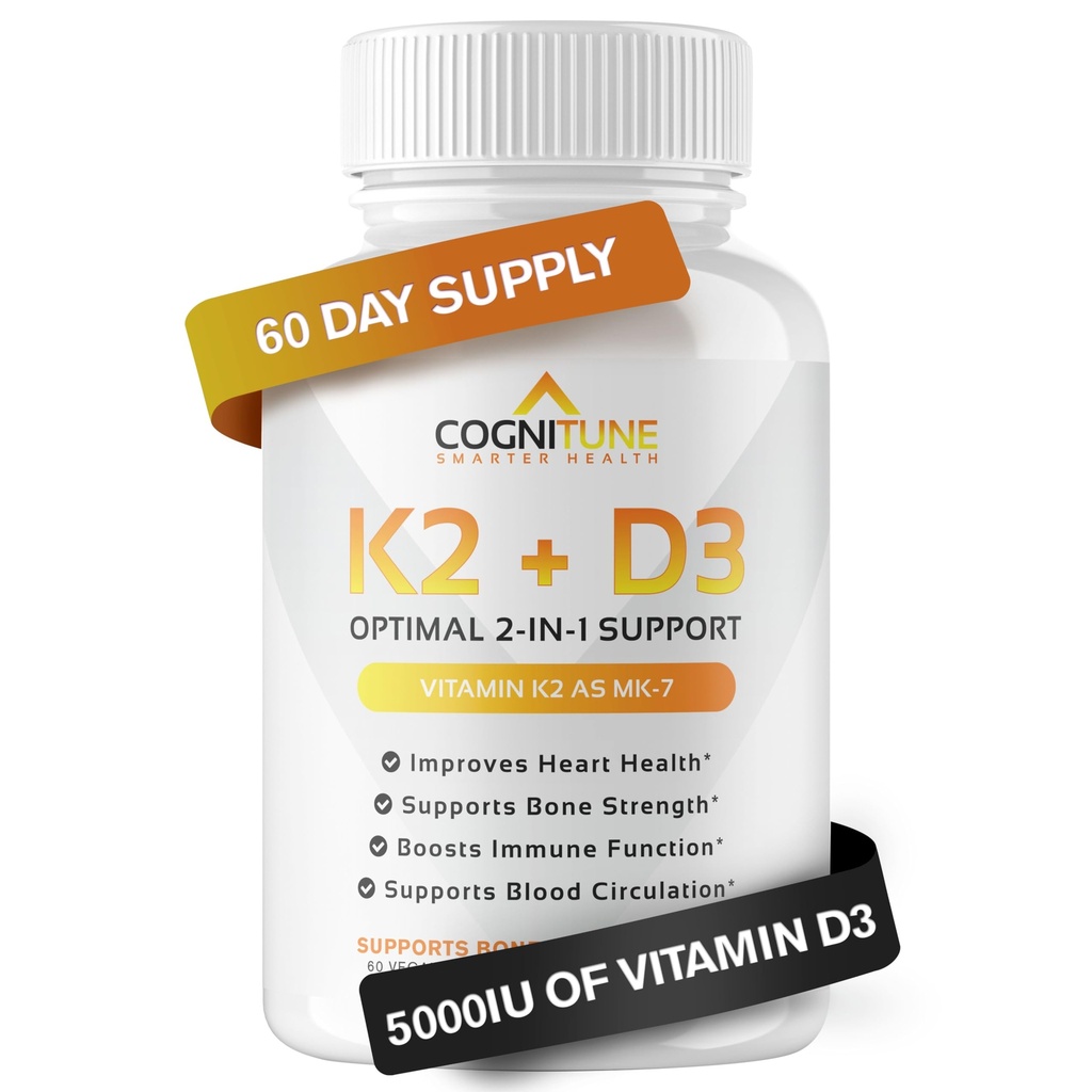 Vitamine D3 5000 IE met vitamine K2 (MK7) supplement - Premium Immune, Heart & Bone Health Capsules - Vitamine K2 D3 Complex met 5000 IE vitamine D3 & 90 mcg vitamine K2 mk7-60 aantal