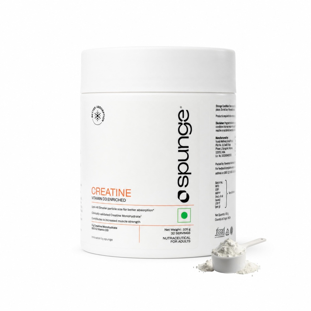 Spunge Creatine | Vitamin D3 Enriched | 105g | Creatine Monohydrate Powder with Added Vitamin D3 | Upto 4X Smaller Particles | Supports Muscle Strength, Performance & Bone Health | Daily Dietary Supplement