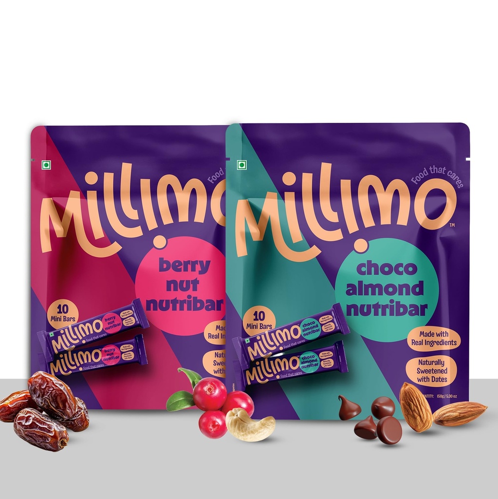 Millimo Healthy Nutribar Combo, Berry Nut x1 & Choco Almond x1, 300g, Pack of 2, No Refined Sugar, Dates Almonds Cashews Cranberries