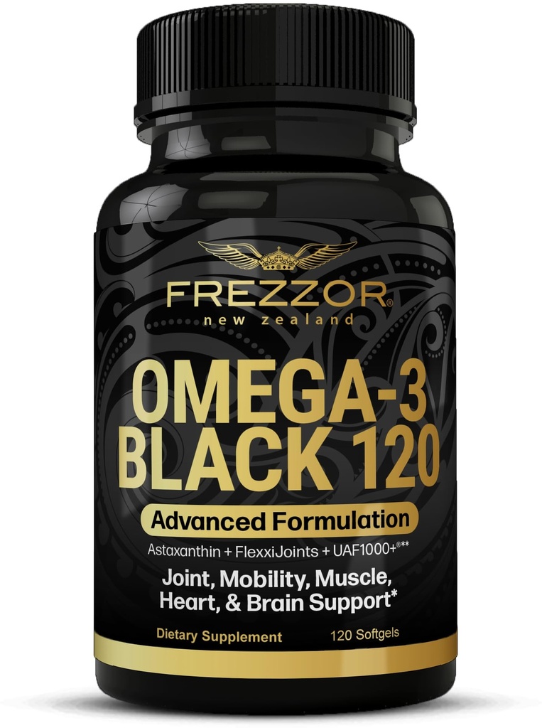 FREZZOR Omega 3 Black - Green Lipped Mossel Oil Capsules, Made in Nieuw-Zeeland, UAF1000+, No Fishy Aftersmaak, 120 Count (Pack of 1)